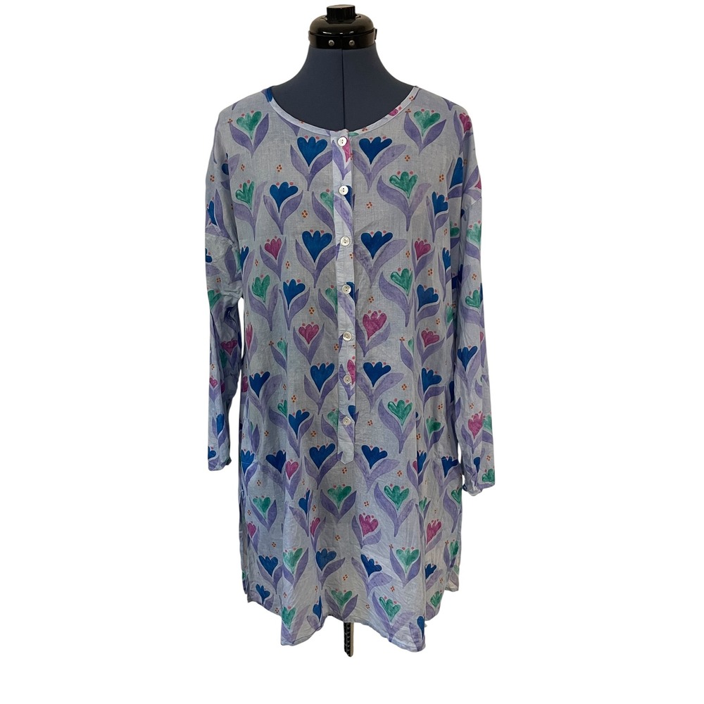 Gudrun Sjoden Blue Floral Button Up Tunic Pockets Oversized‎ Lagenlook Boho L